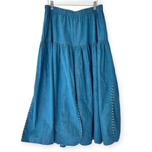 Denim Studded Western Tiered Full Maxi Skirt Womens Size M/L
